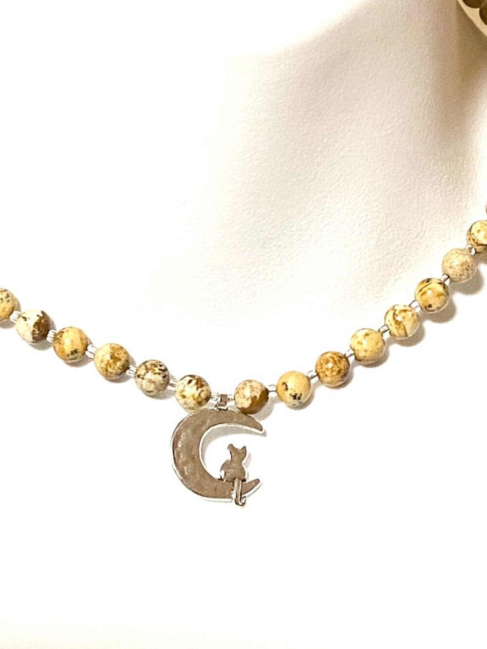 Earthy Picture Jasper Short Necklace, Gemstone & Silver Cat on the Moon Pendant